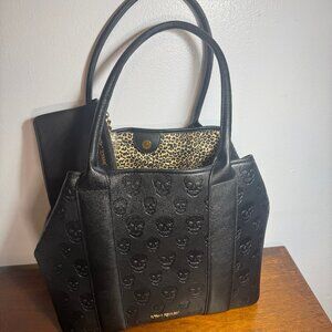Betsey Johnson Black skull embossed with studs one side tote bag XOSTUDDY